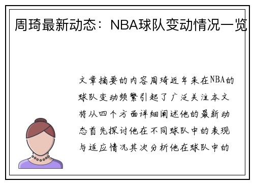 周琦最新动态：NBA球队变动情况一览